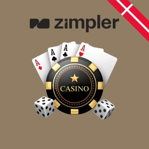 Zimpler-logoet vises over en casinobrik, spillekort med esser og terninger, som symboliserer en sikker betalingsløsning til online casinoer.