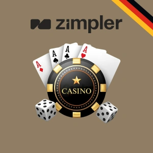 Das Zimpler-Logo erscheint über einer Casino-Chip, Spielkarten mit Assen und Würfeln – das steht für eine sichere Zahlungsmöglichkeit in Online Casinos.