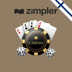 Zimplerin logo näkyy kasinosirun, ässillä varustettujen pelikorttien ja noppien yläpuolella, kuvastaen turvallista maksutapaa nettikasinoille.