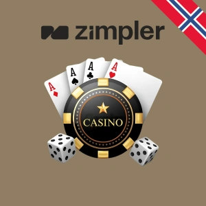 Zimpler-logoen vises over en casinobrikke, spillkort med ess og terninger, og illustrerer en sikker betalingsmetode for nettcasinoer.