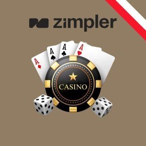 Logo Zimpler widoczne nad żetonem kasynowym, kartami do gry z asami oraz kośćmi, symbolizując bezpieczną metodę płatności w kasynach online.