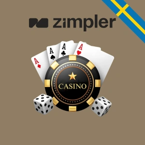 Zimplers logotyp syns ovanför en casinobricka, spelkort med ess och tärningar – symboler för en säker betalningsmetod på nätcasinon.